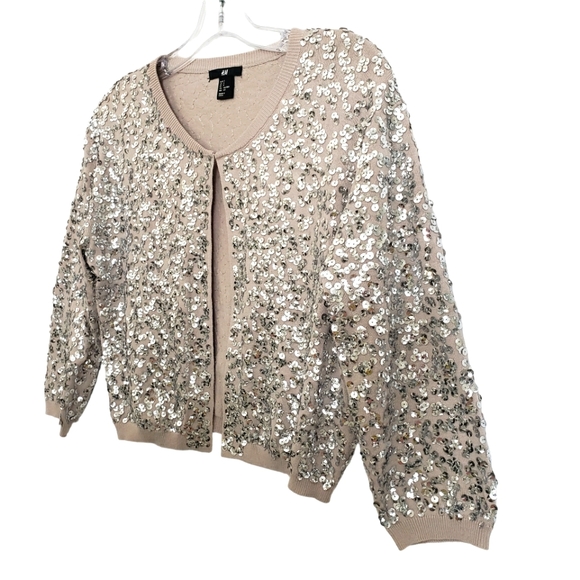 H&M Beige & Silver Sequin Knit 3/4 Sleeve Cropped Retro Inspired ♥ Cardi… - Picture 8 of 15